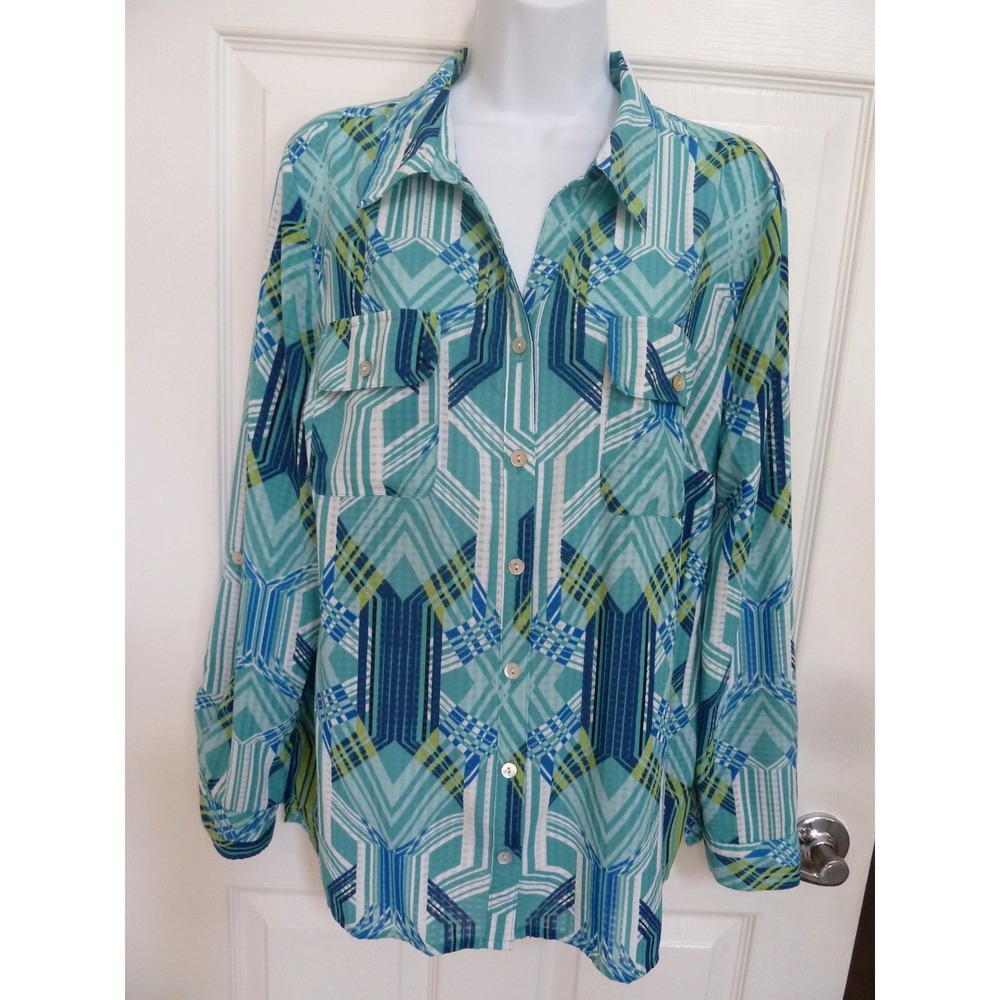 Coral Bay Womens Large Roll-Tab Sleeve Abstract Blouse Blue Teal MPO80444